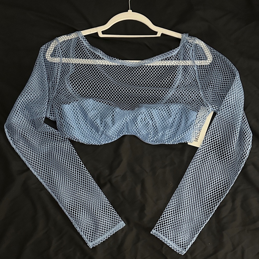 Blue Mesh Long Sleeve Crop Top